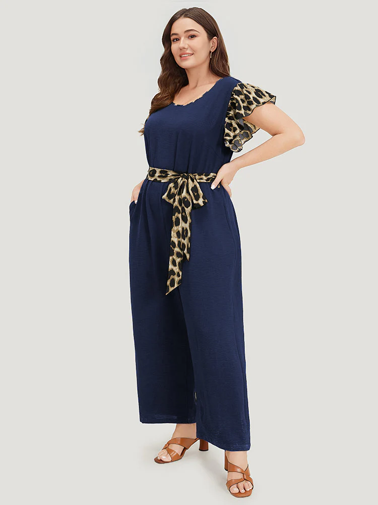 Leopard Patchwork Pocket Belted Ruffle Sleeve Jumpsuit - Image 3