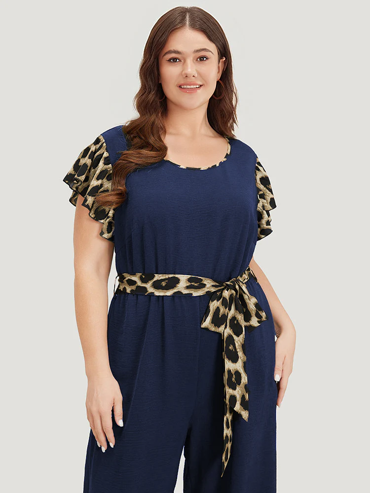 Leopard Patchwork Pocket Belted Ruffle Sleeve Jumpsuit - Image 4