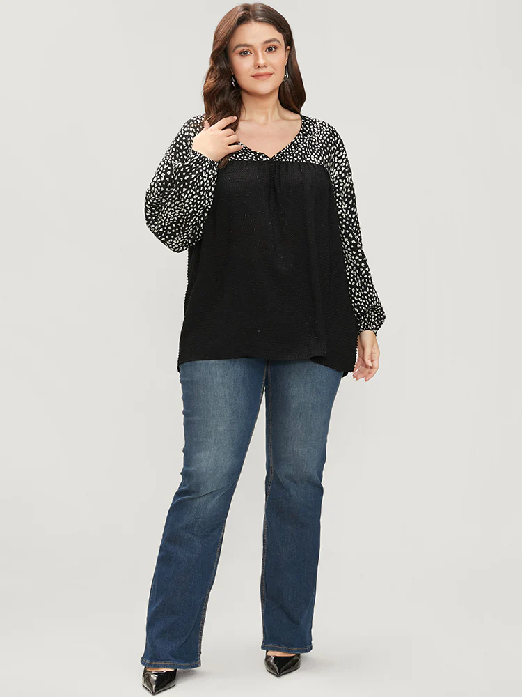 Leopard Patchwork Raglan Sleeve V Neck Blouse - Image 2