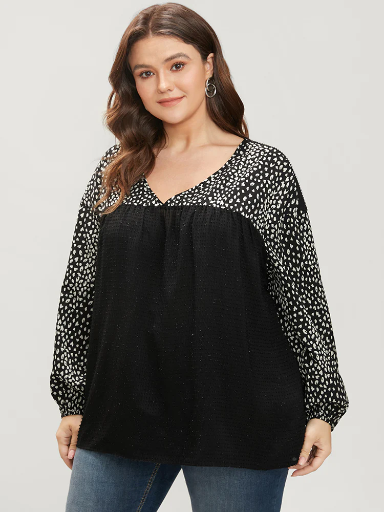 Leopard Patchwork Raglan Sleeve V Neck Blouse - Image 3