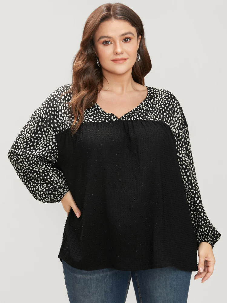 Leopard Patchwork Raglan Sleeve V Neck Blouse - Image 5