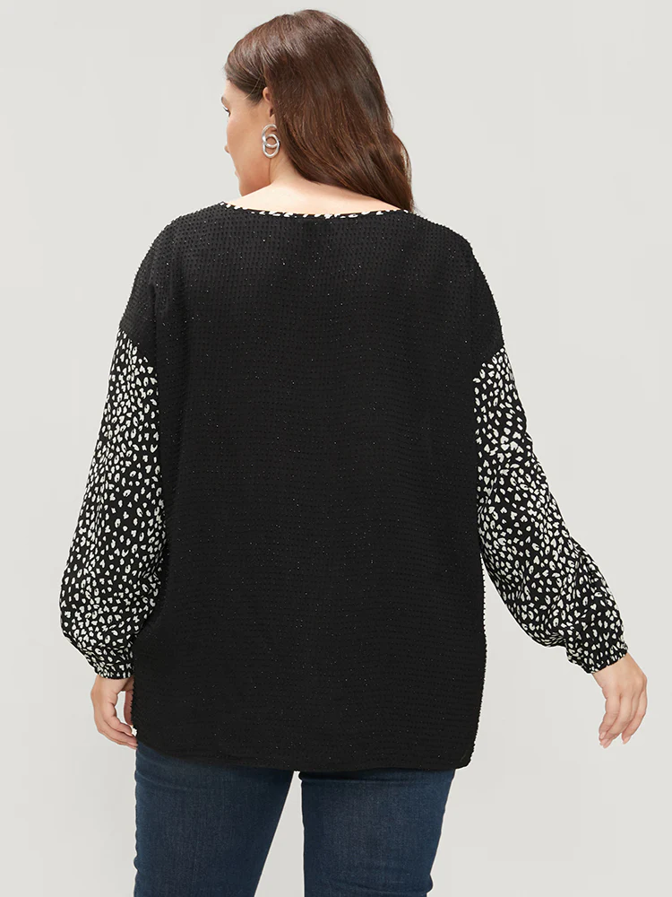 Leopard Patchwork Raglan Sleeve V Neck Blouse - Image 6