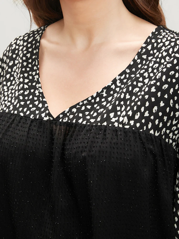Leopard Patchwork Raglan Sleeve V Neck Blouse - Image 7