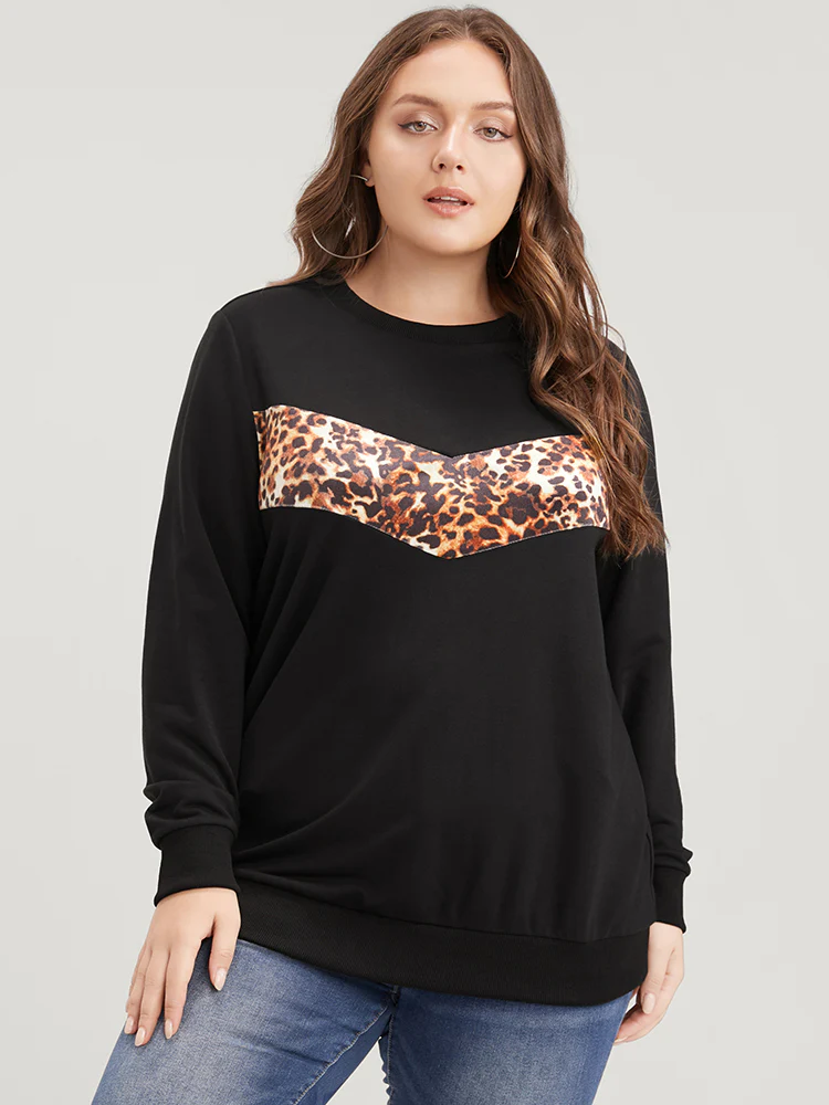 Leopard Patchwork Round Neck Drop Shoulder Sweatshirt - Image 2
