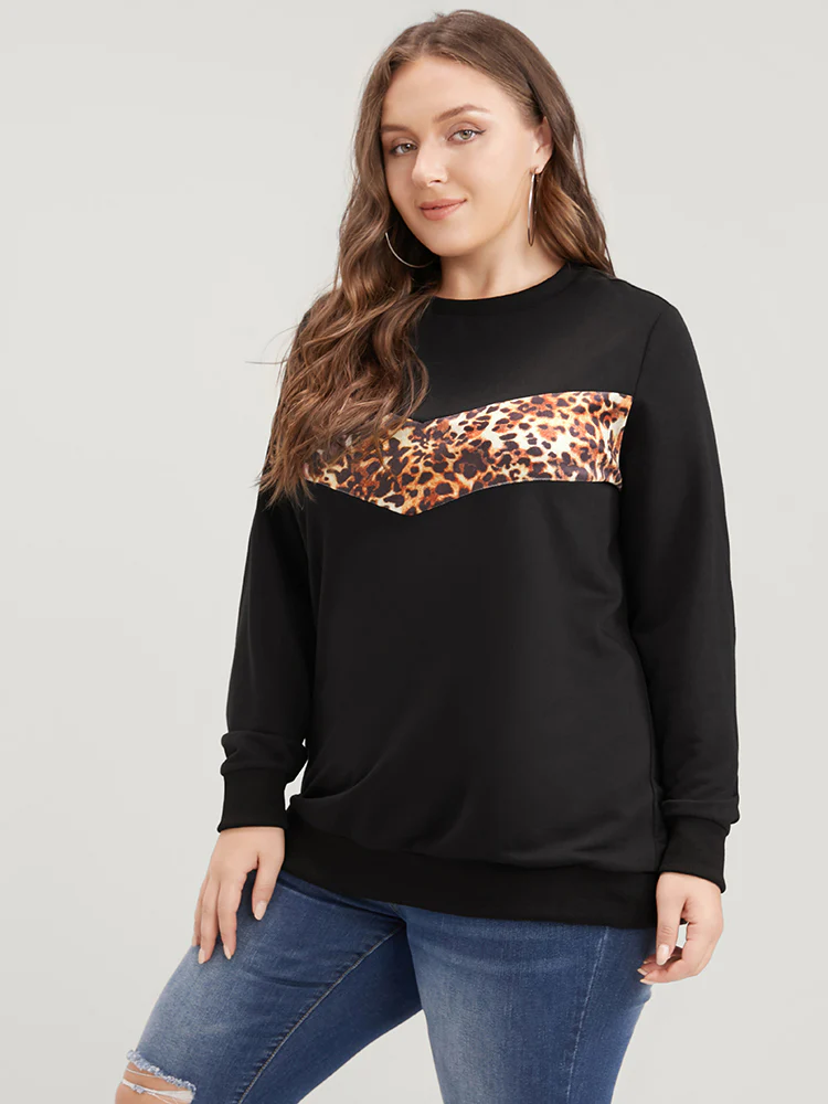 Leopard Patchwork Round Neck Drop Shoulder Sweatshirt - Image 3