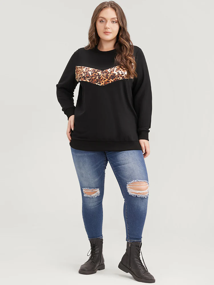 Leopard Patchwork Round Neck Drop Shoulder Sweatshirt - Image 6