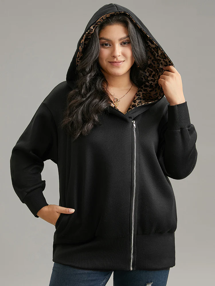 Leopard Patchwork Zipper Hooded Jacket - Image 2