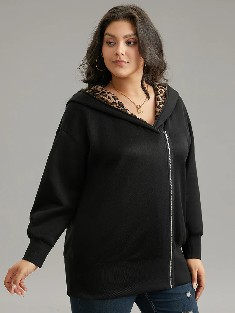 Leopard Patchwork Zipper Hooded Jacket - Image 3