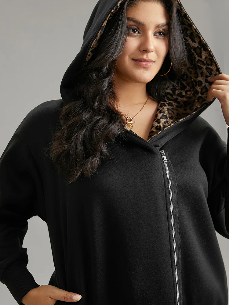 Leopard Patchwork Zipper Hooded Jacket - Image 6