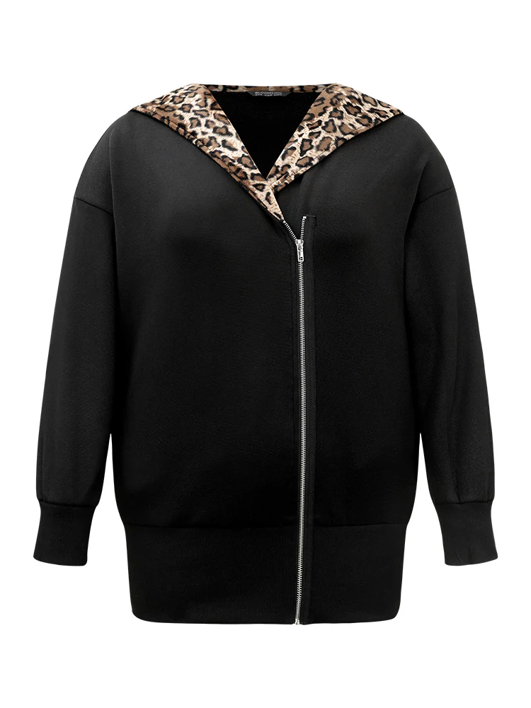 Leopard Patchwork Zipper Hooded Jacket - Image 7
