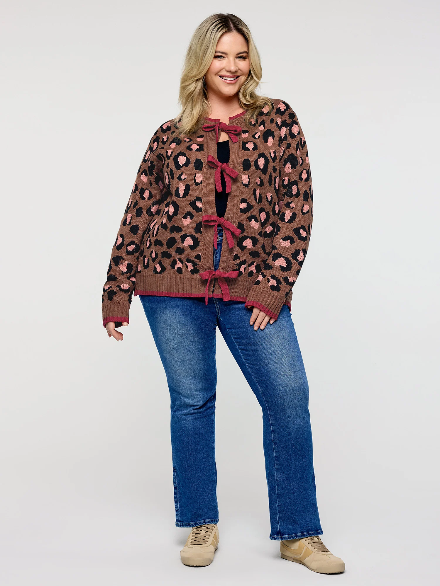 Leopard Pattern Color Contrast Bow Knit Cardigan - Image 3