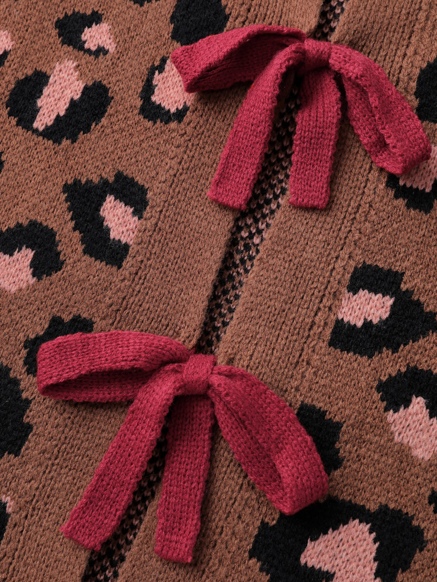 Leopard Pattern Color Contrast Bow Knit Cardigan - Image 5