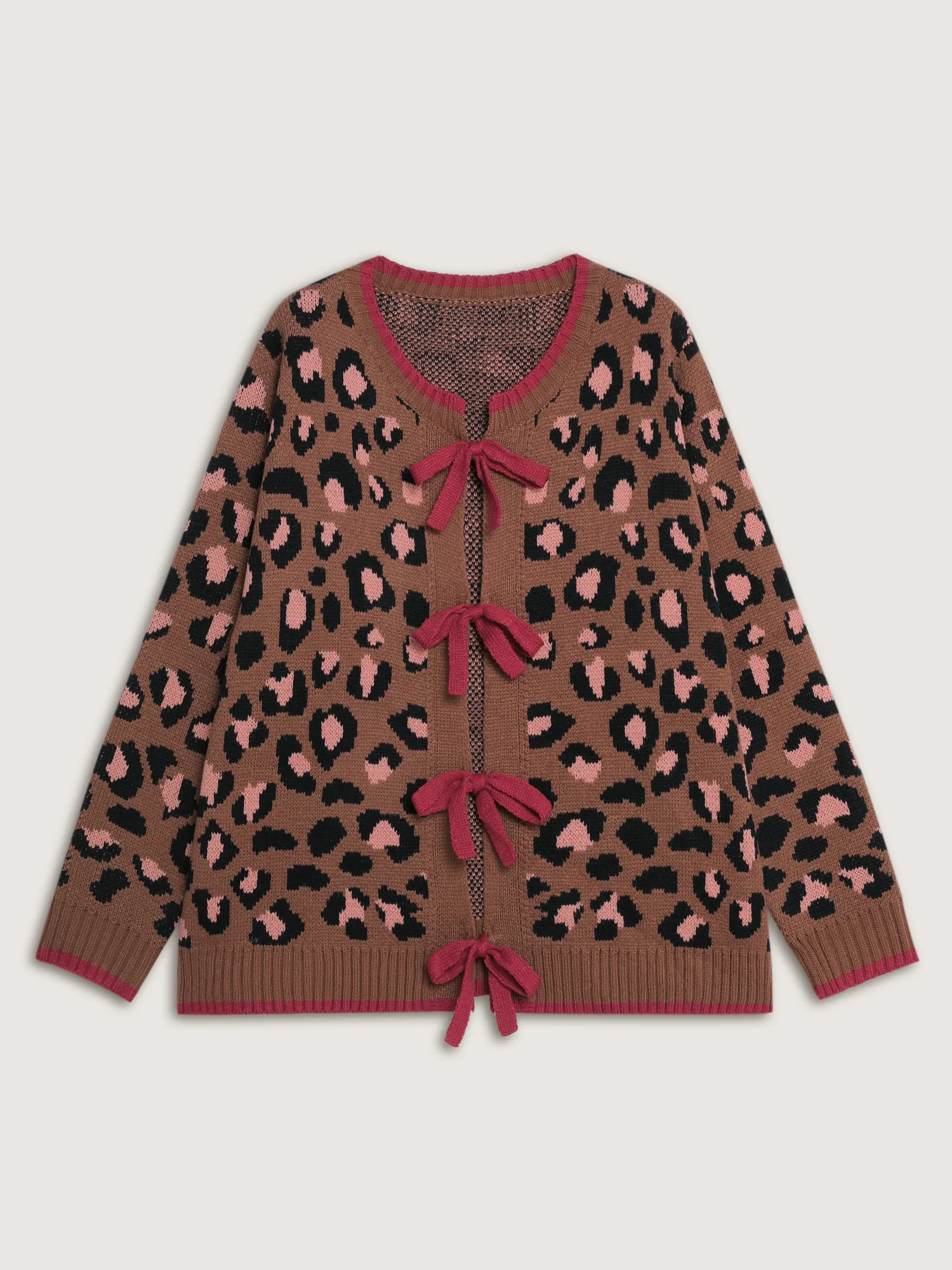 Leopard Pattern Color Contrast Bow Knit Cardigan - Image 7