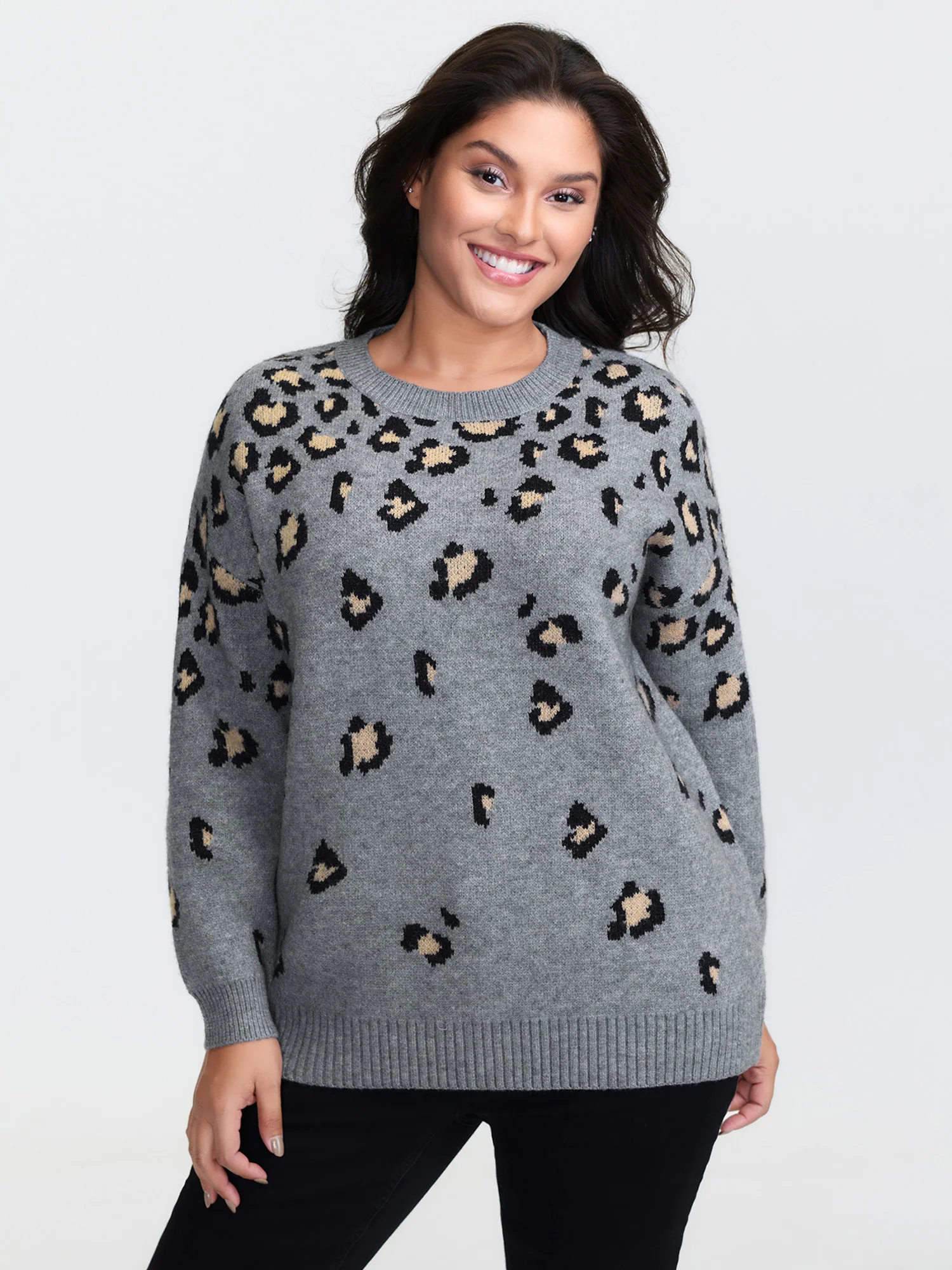 Leopard Pattern Jacquard Ribbed Hem Pullover - Image 2