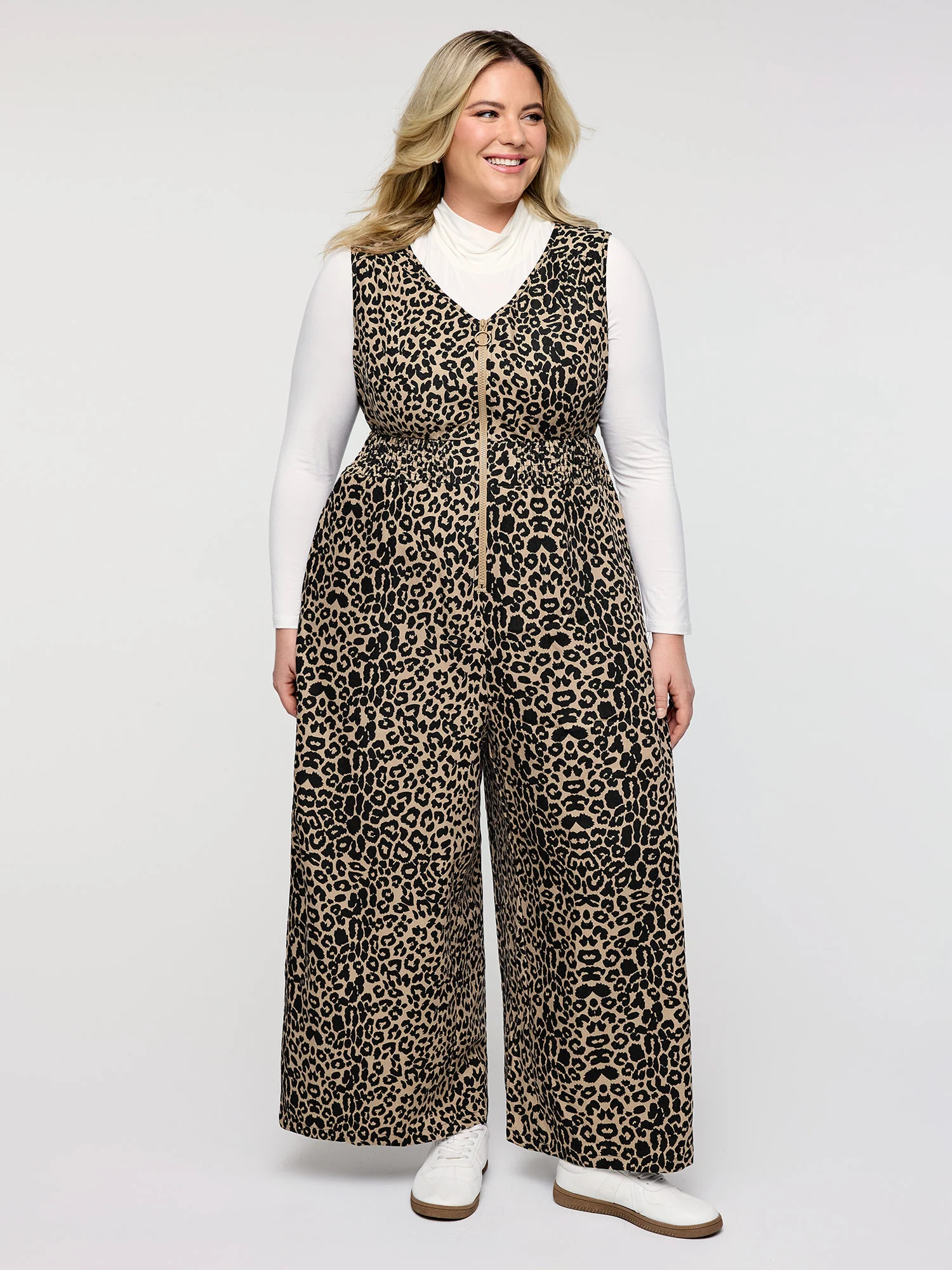 Leopard Pattern Zipper-Front Shirred Jumpsuit - Image 3