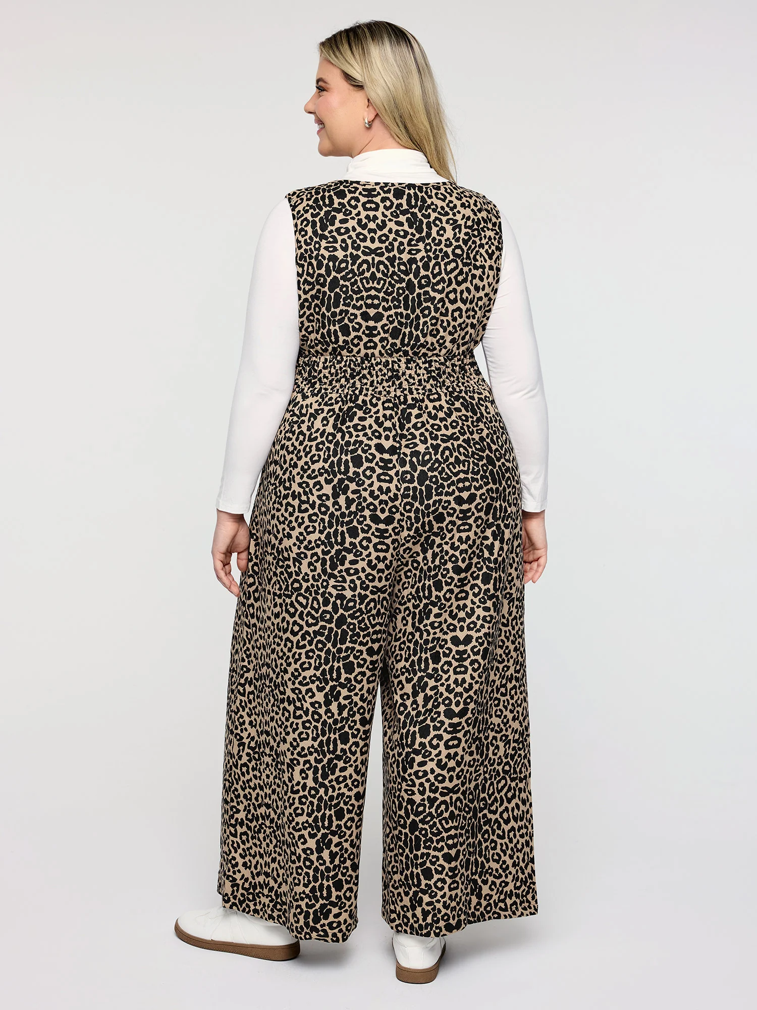 Leopard Pattern Zipper-Front Shirred Jumpsuit - Image 4
