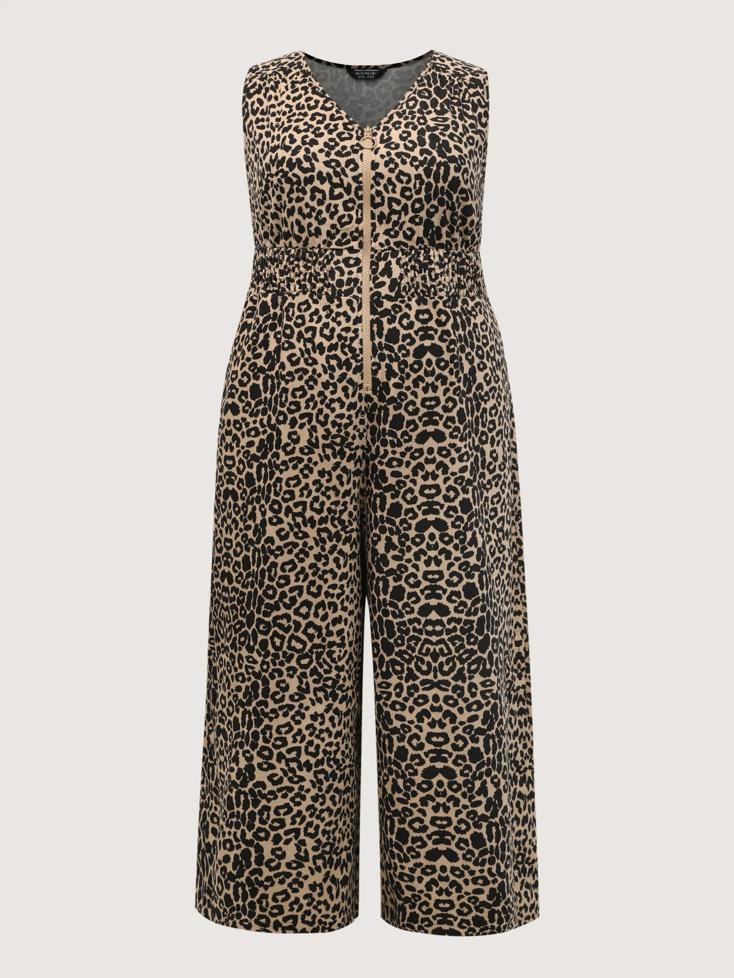 Leopard Pattern Zipper-Front Shirred Jumpsuit - Image 5