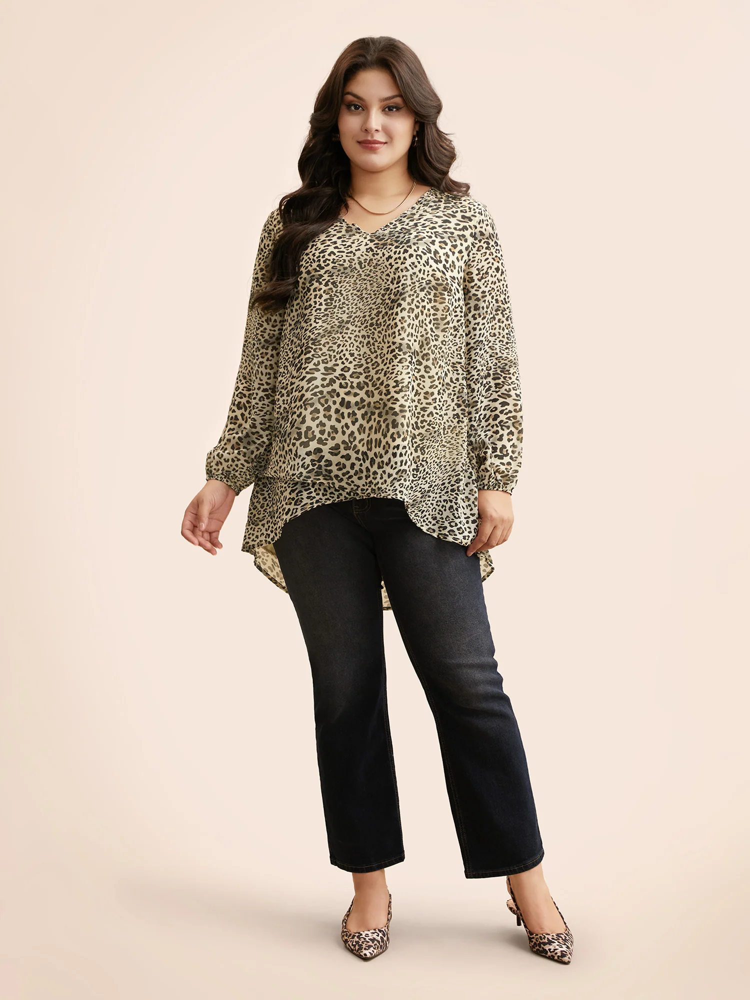 Leopard Print Asymmetrical Hem Lantern Sleeve Blouse - Image 2