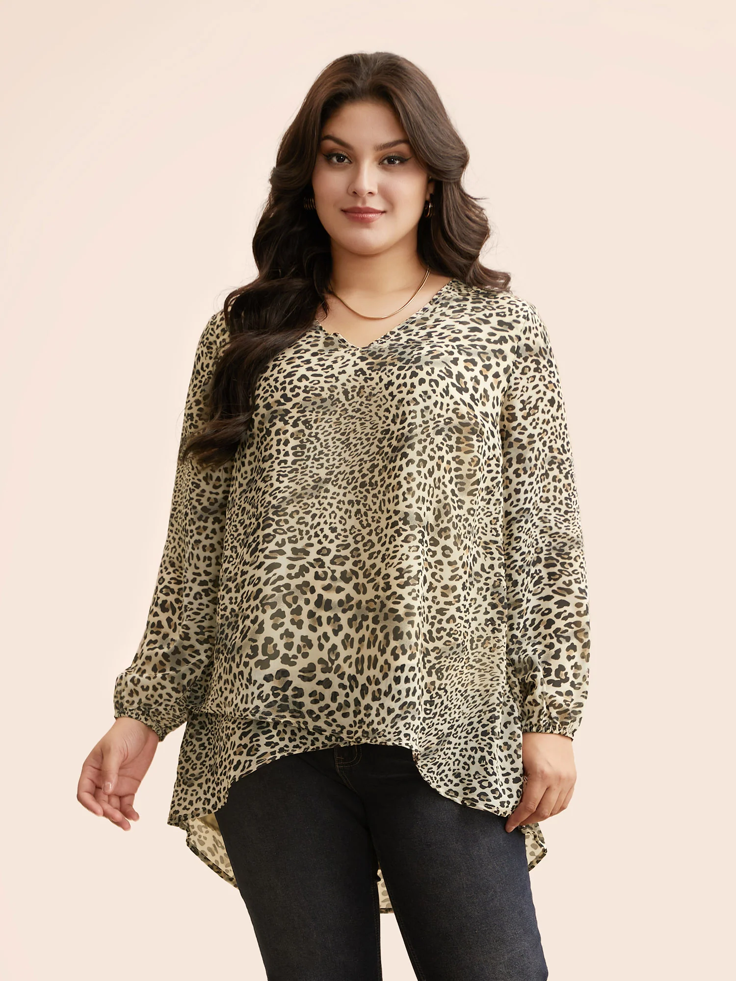 Leopard Print Asymmetrical Hem Lantern Sleeve Blouse - Image 5
