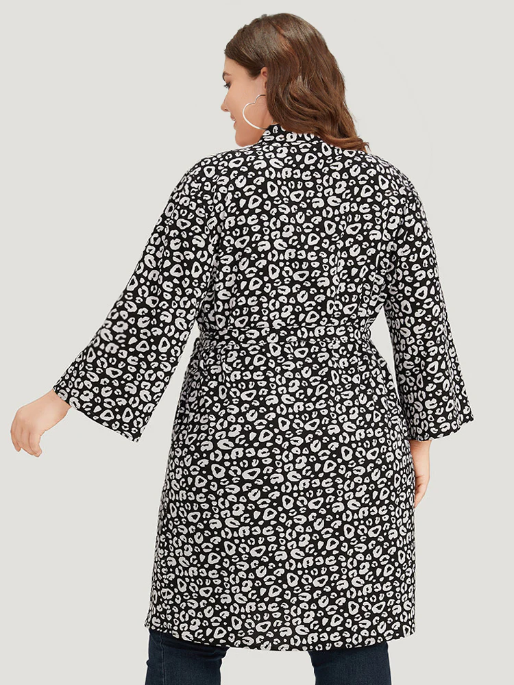Leopard Print Belted Suit Collar Button Up Kimono - Image 2