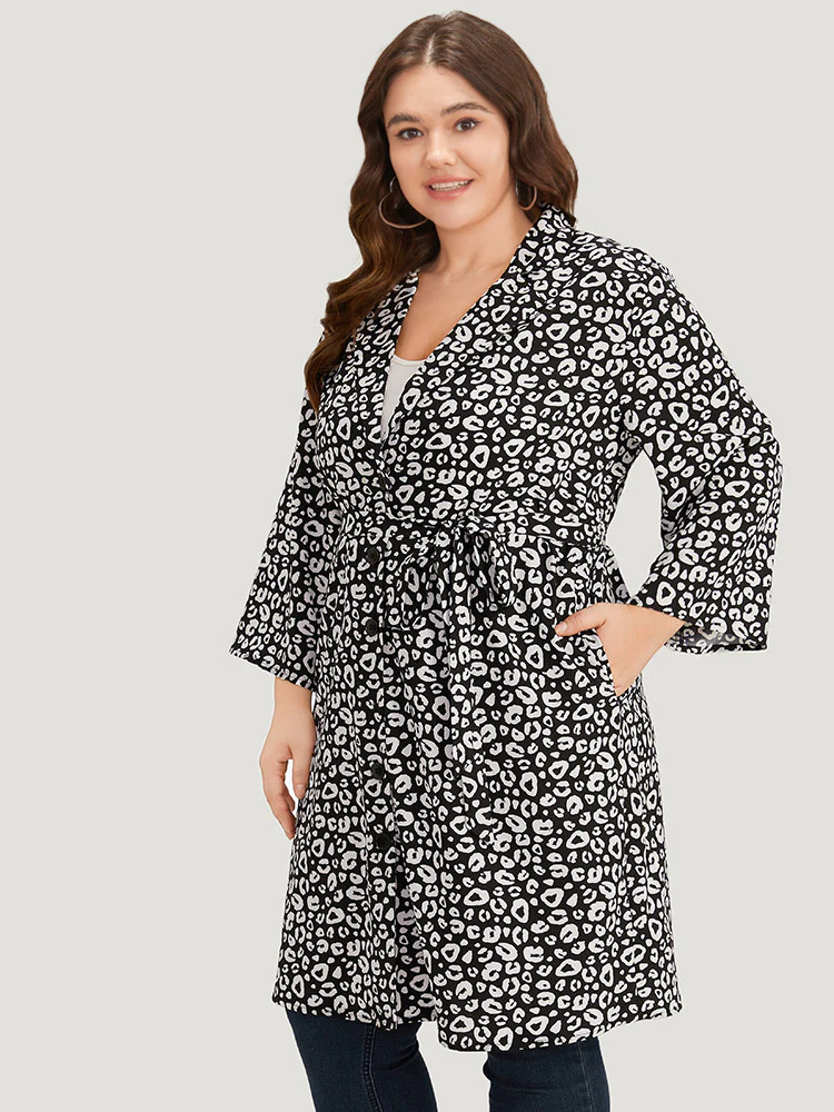 Leopard Print Belted Suit Collar Button Up Kimono - Image 3