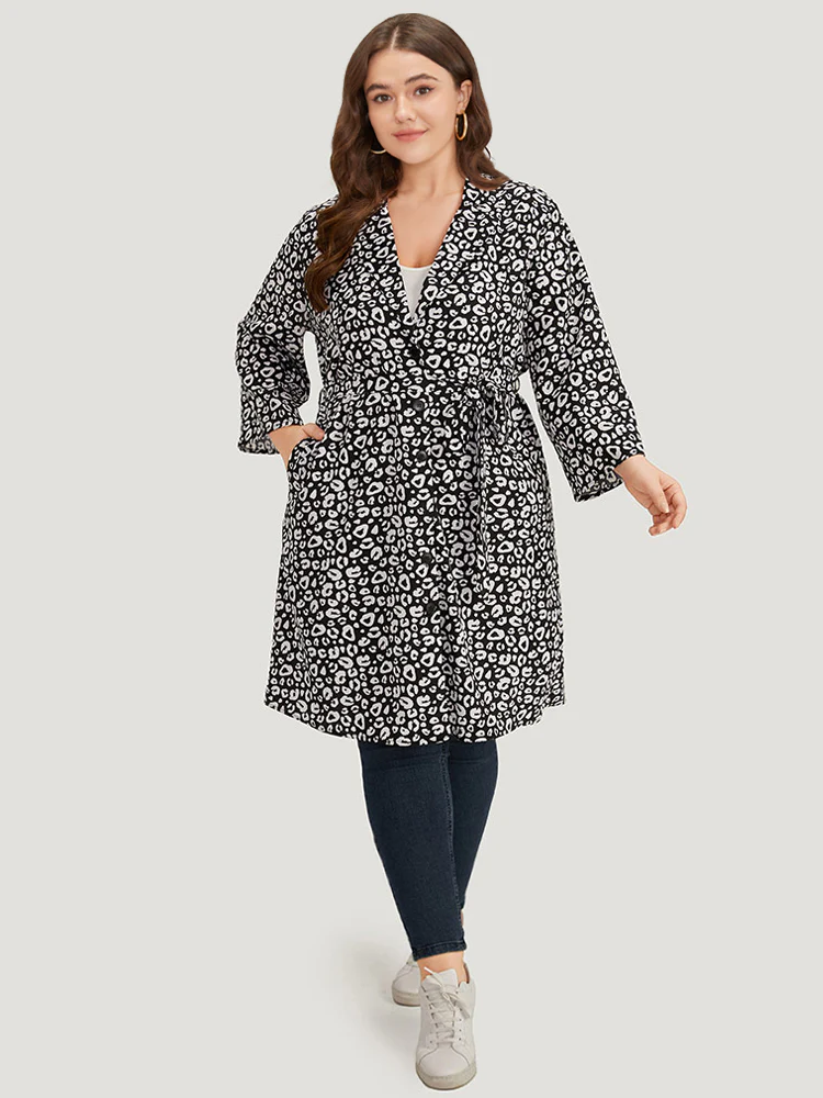 Leopard Print Belted Suit Collar Button Up Kimono - Image 4