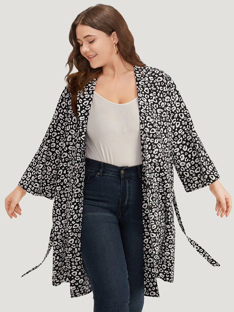 Leopard Print Belted Suit Collar Button Up Kimono - Image 5