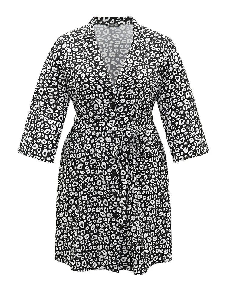 Leopard Print Belted Suit Collar Button Up Kimono - Image 9
