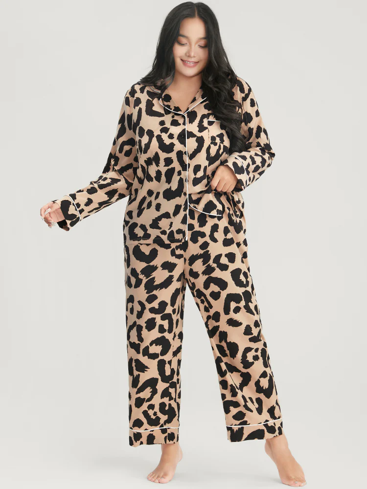 Leopard Print Button Up Pocket Pajama Set - Image 3