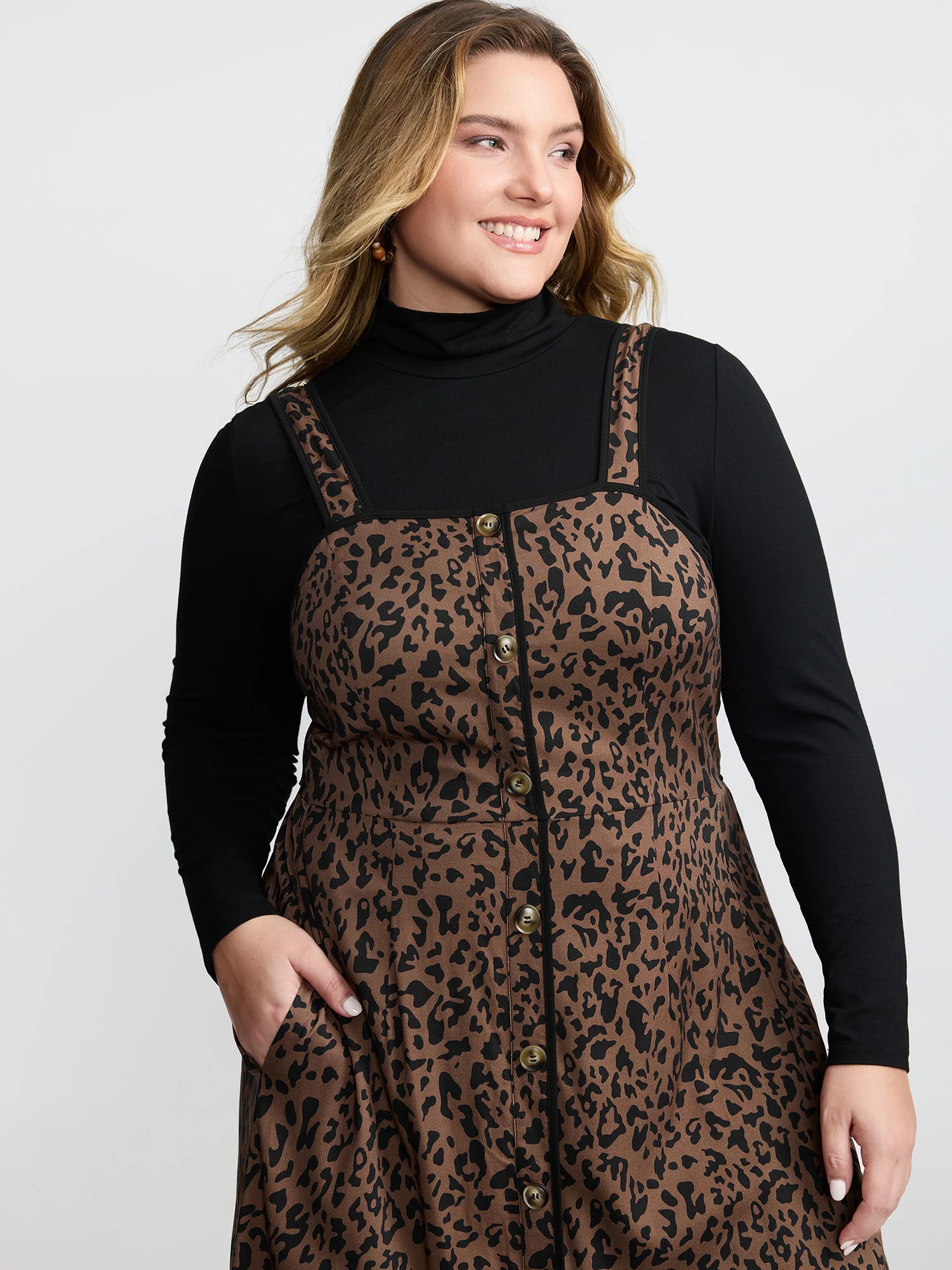 Leopard Print Button Wide Strap Midi Dress - Image 2