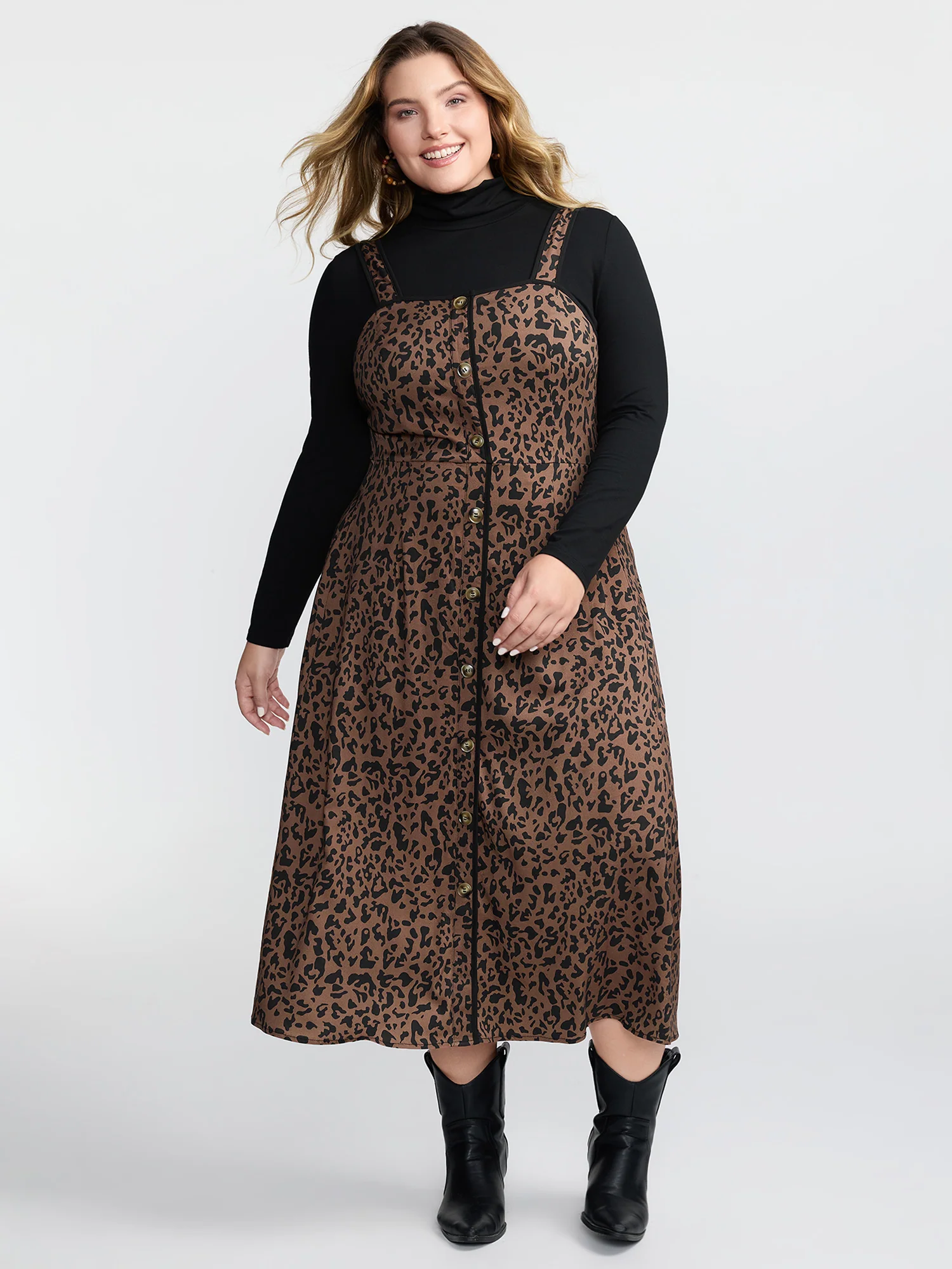 Leopard Print Button Wide Strap Midi Dress - Image 3