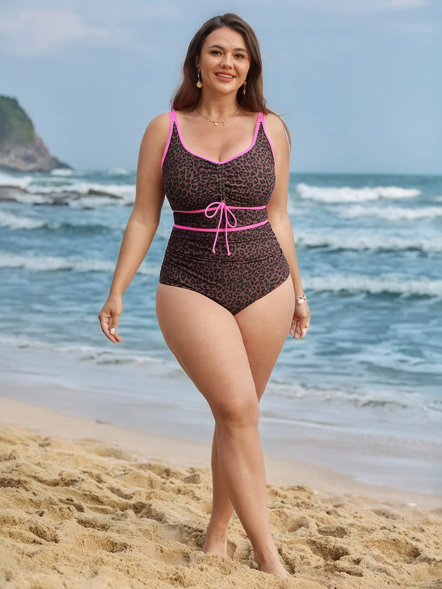 Leopard Print Channel Drawstring One-Piece Swimsuit - Image 3