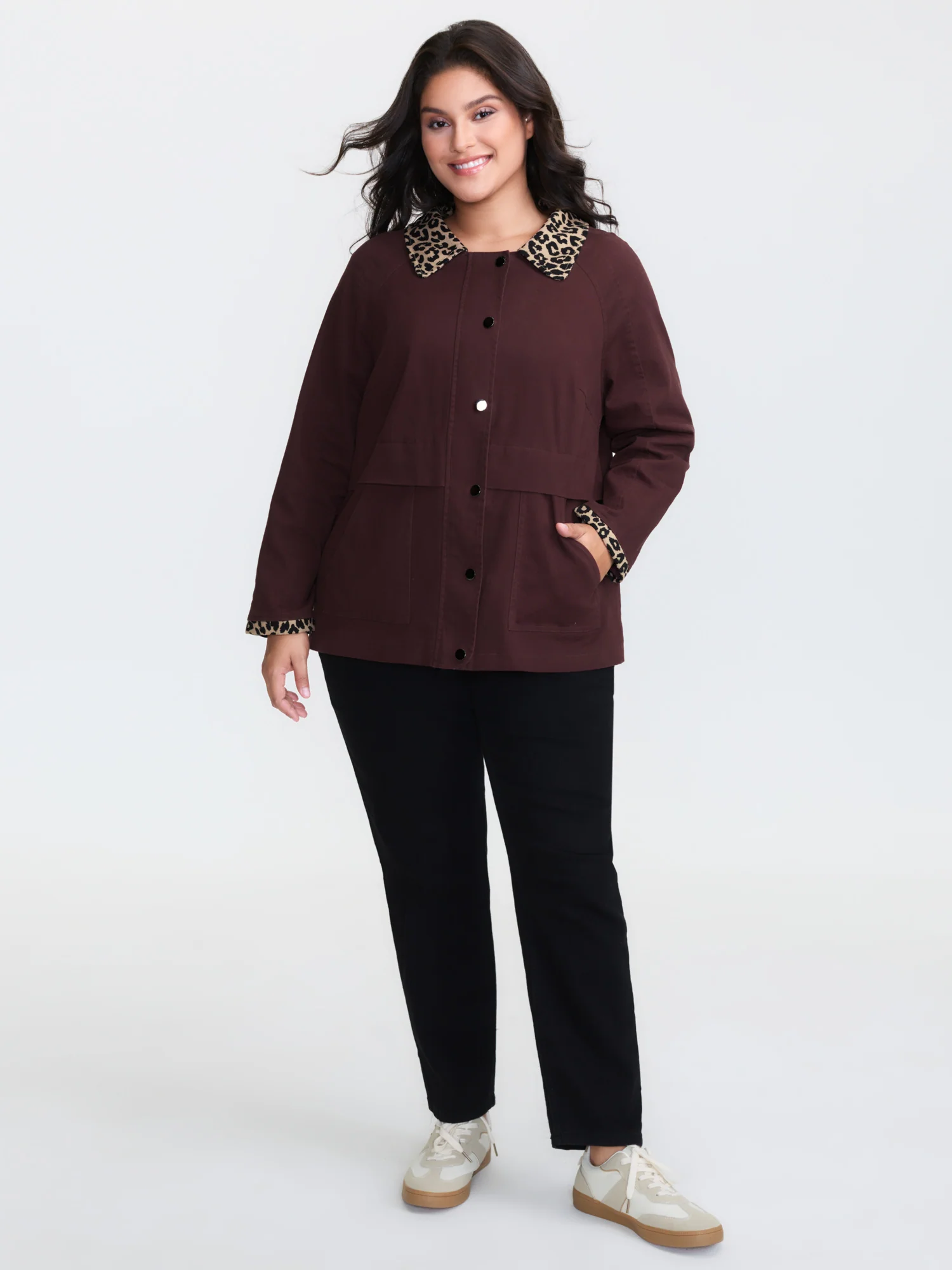 Leopard Print Collar Button-Front Zipper Jacket - Image 2
