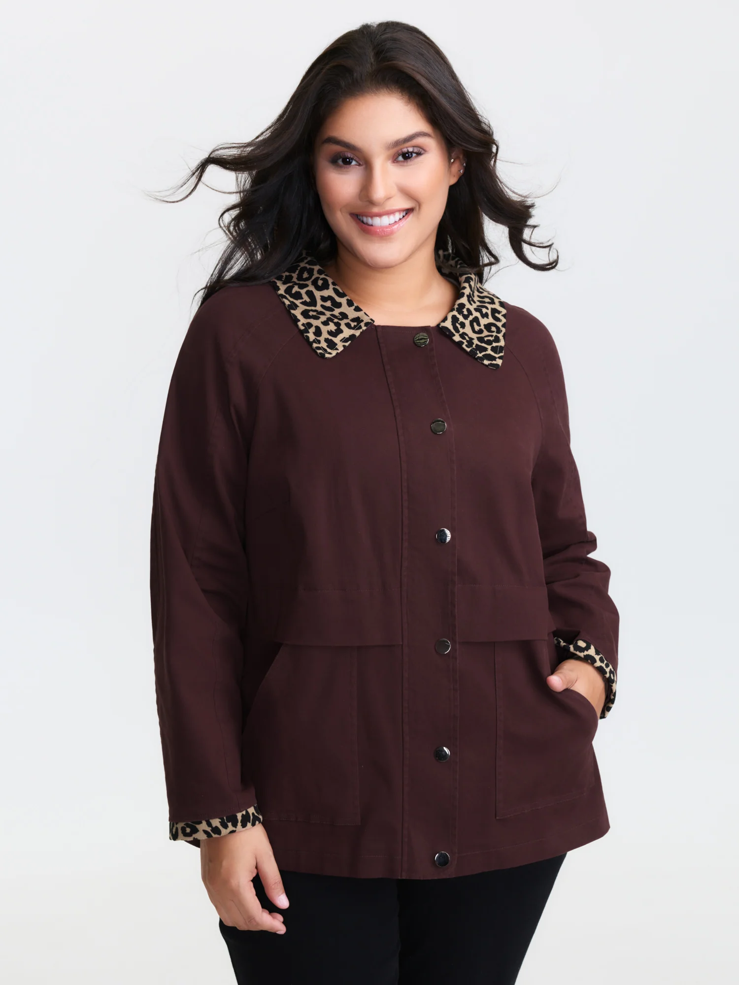 Leopard Print Collar Button-Front Zipper Jacket - Image 3