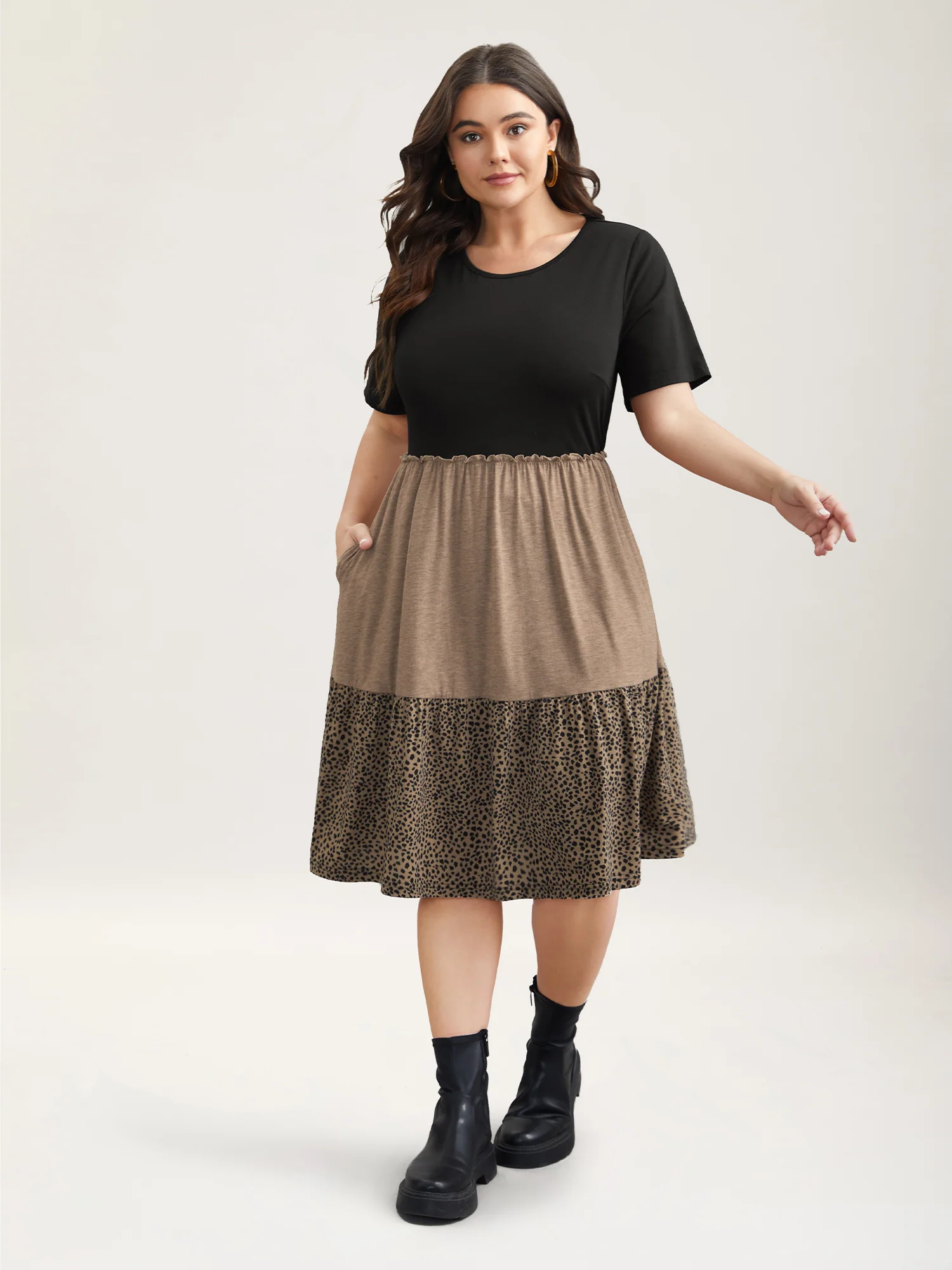 Leopard Print Color-Block Pockets Mini Dress - Image 3
