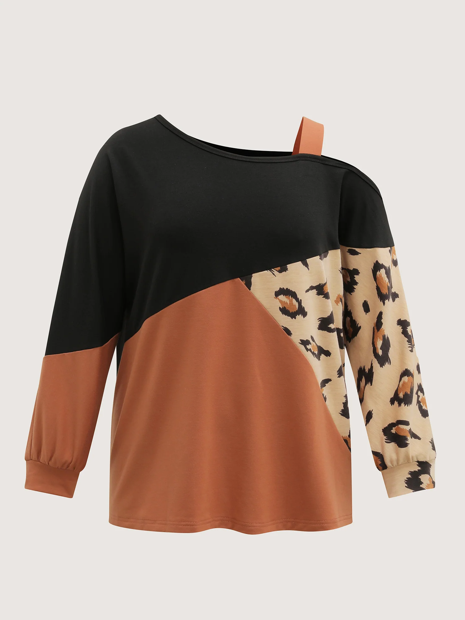Leopard Print Colorblock One-Shoulder Sweatshirt - Image 7