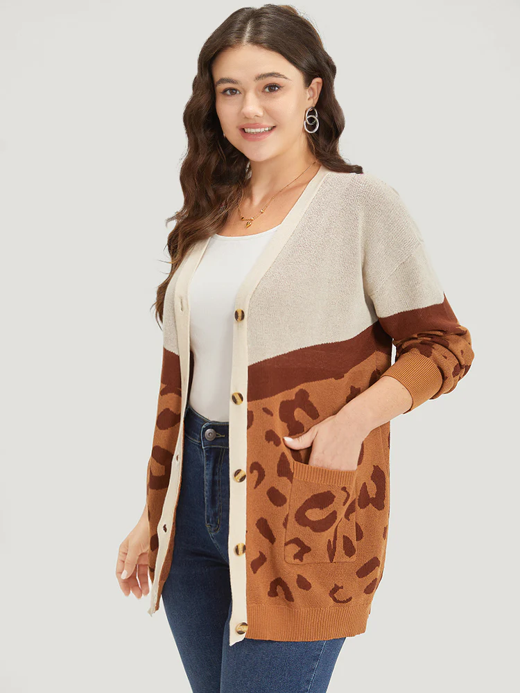 Leopard Print Contrast Button Down Patched Pocket Cardigan - Image 3