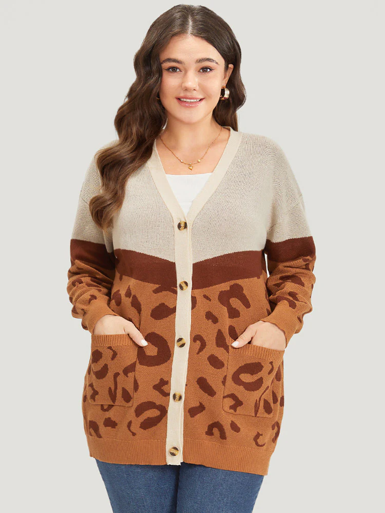 Leopard Print Contrast Button Down Patched Pocket Cardigan - Image 4