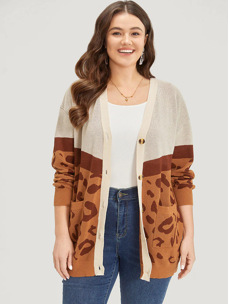 Leopard Print Contrast Button Down Patched Pocket Cardigan - Image 5