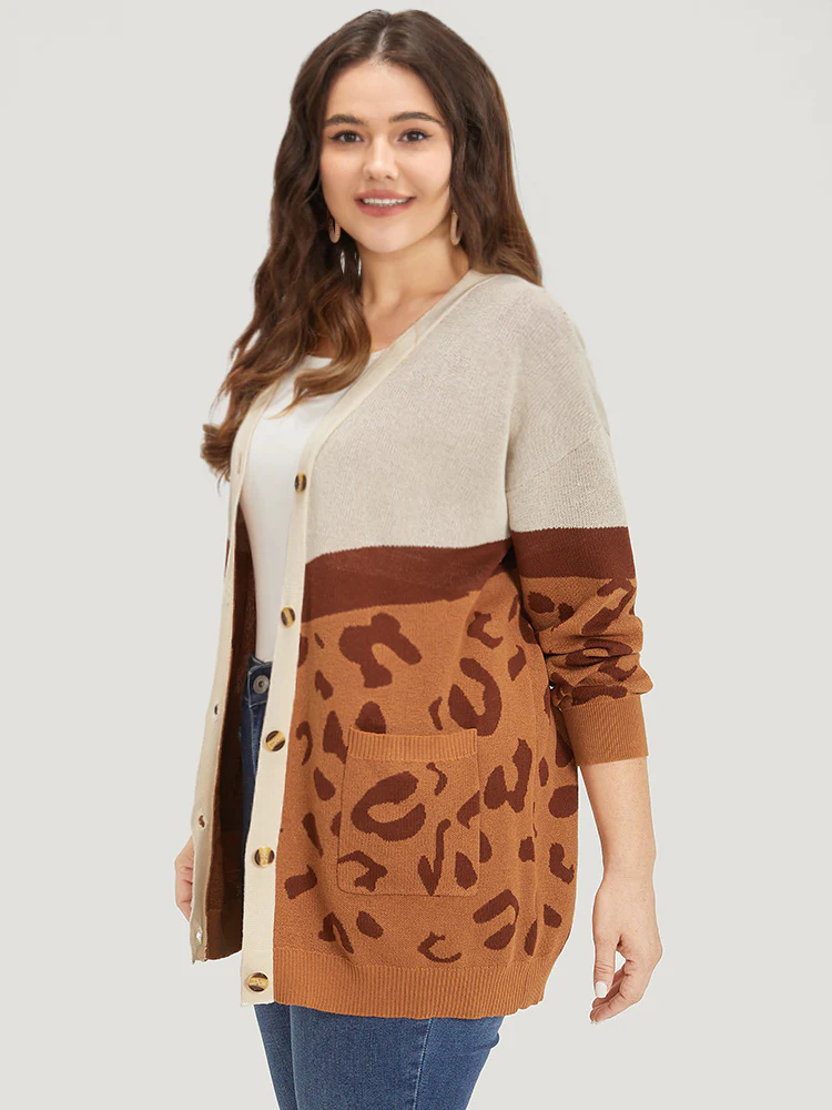 Leopard Print Contrast Button Down Patched Pocket Cardigan - Image 6