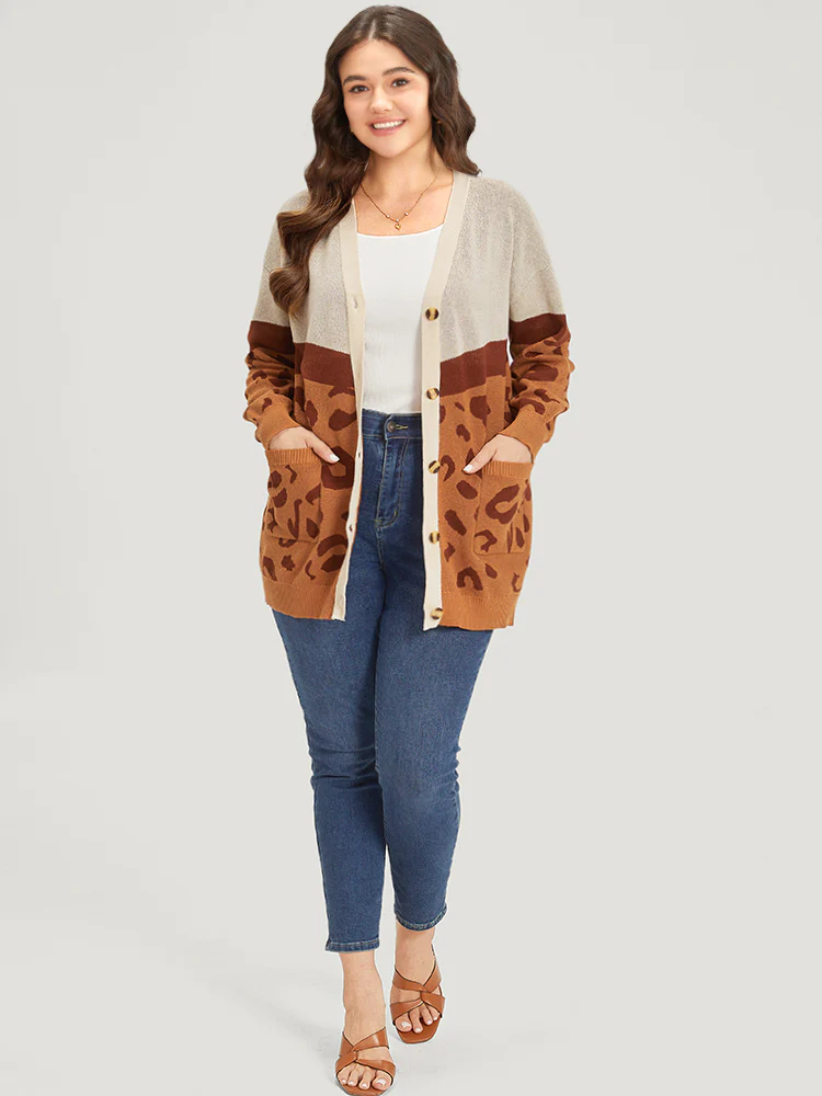 Leopard Print Contrast Button Down Patched Pocket Cardigan - Image 7