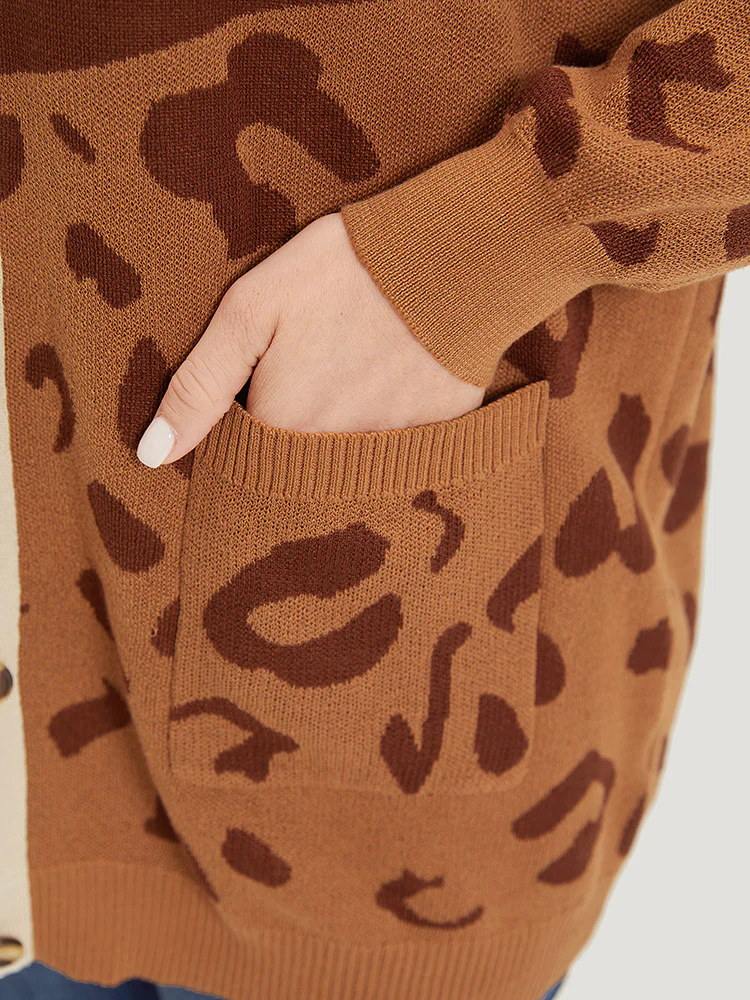 Leopard Print Contrast Button Down Patched Pocket Cardigan - Image 8