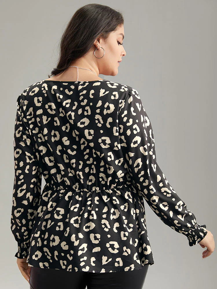 Leopard Print Crossover Ruched Shirred Blouse - Image 2