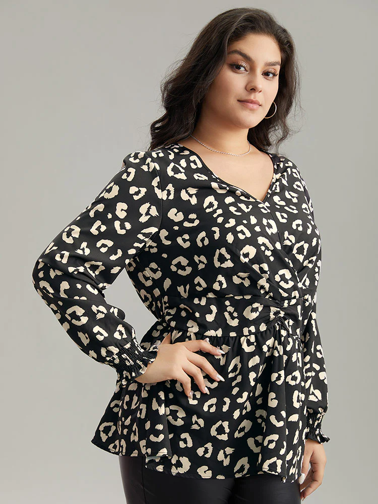 Leopard Print Crossover Ruched Shirred Blouse - Image 3