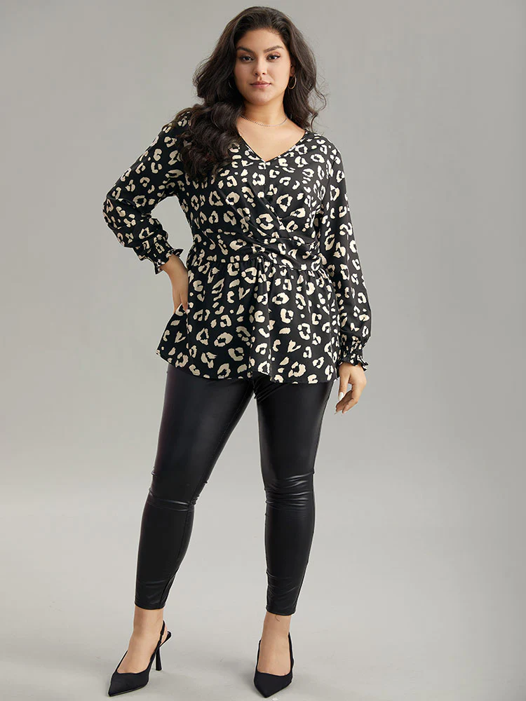 Leopard Print Crossover Ruched Shirred Blouse - Image 4