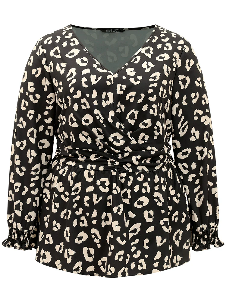 Leopard Print Crossover Ruched Shirred Blouse - Image 8