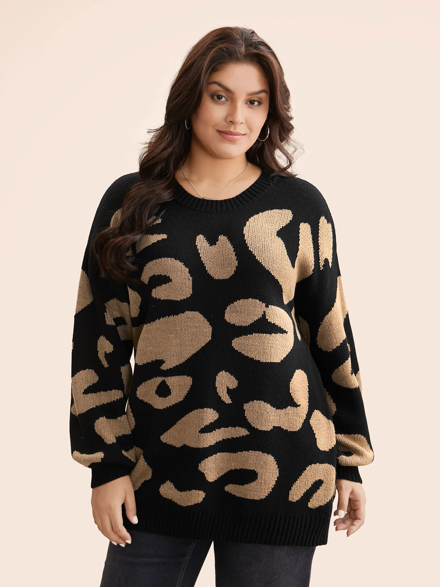 Leopard Print Drop Shoulder Sleeve Pullover - Image 3