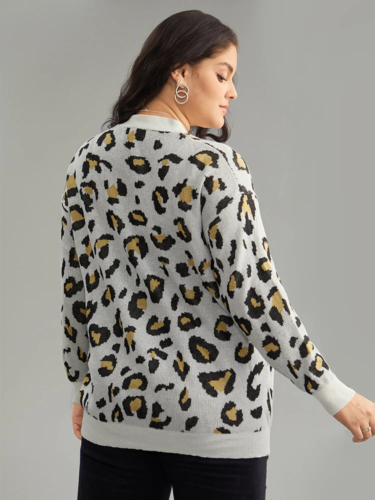 Leopard Print Elastic Cuffs Cardigan - Image 2