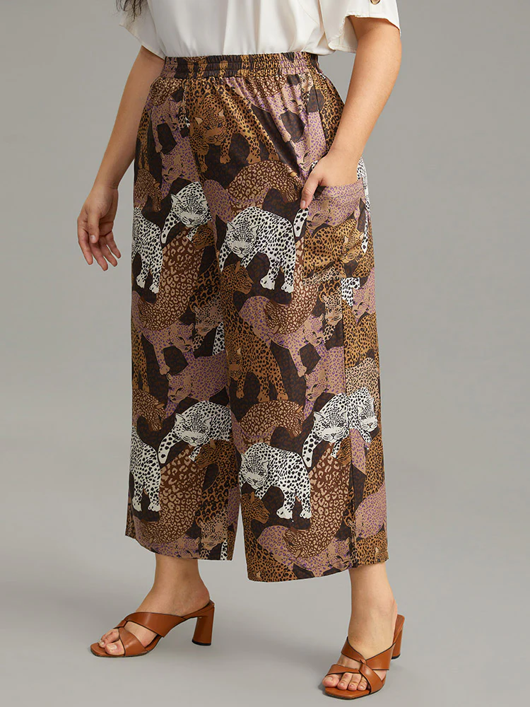 Leopard Print Elastic Waist Straight Leg Pants - Image 3