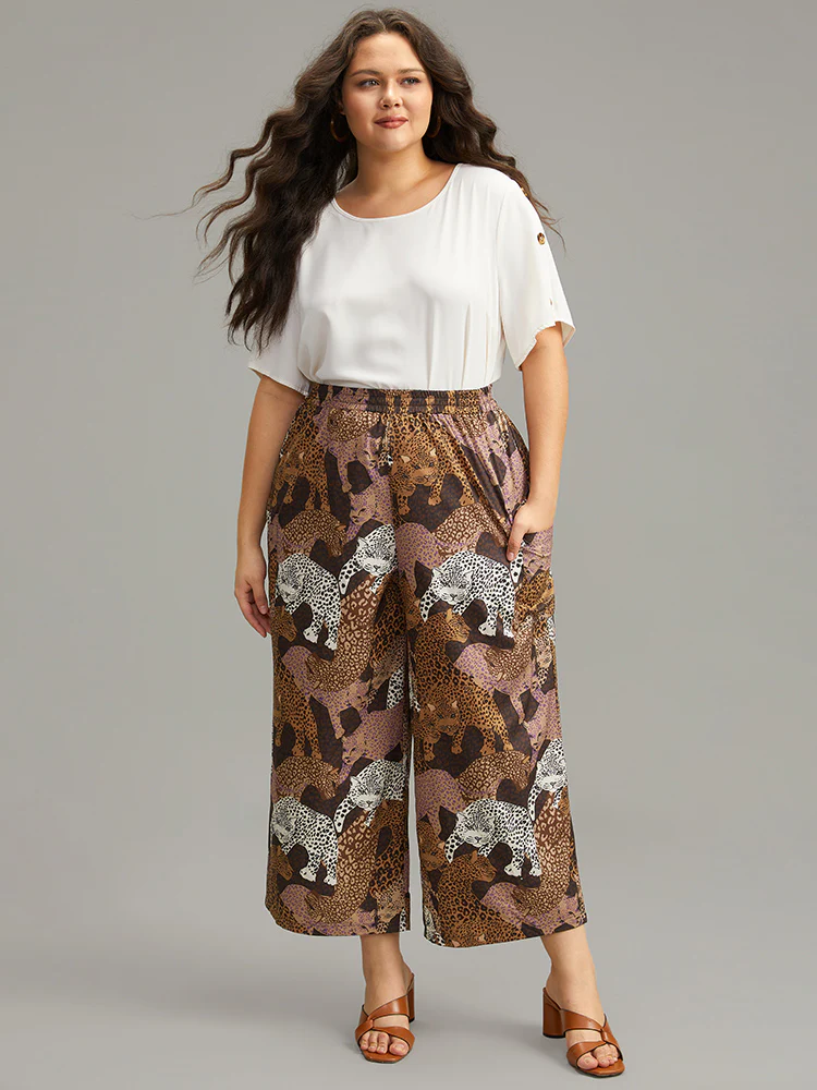 Leopard Print Elastic Waist Straight Leg Pants - Image 4